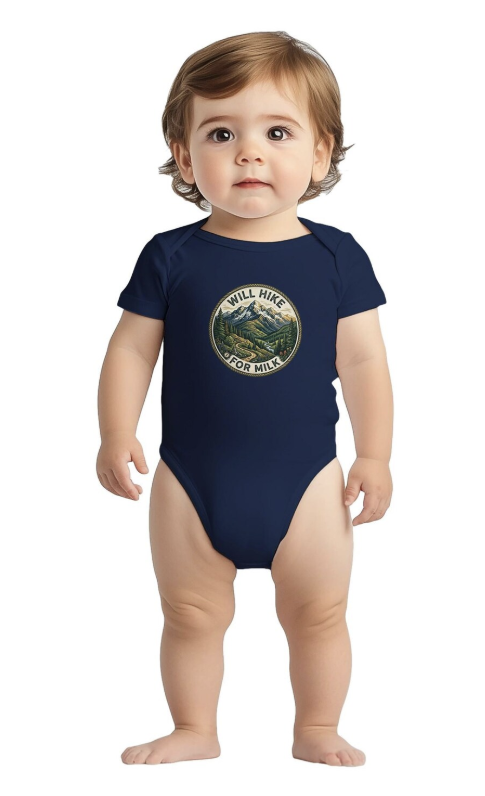 Baby wearing navy Will Hike For Milk onesie
