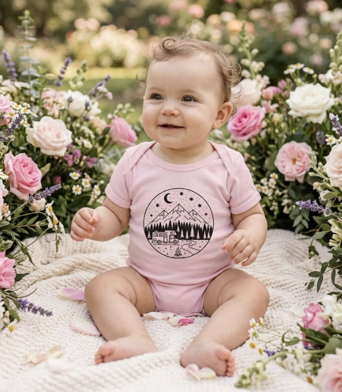 Smiling baby in pink camper onesie surrounded by flowers