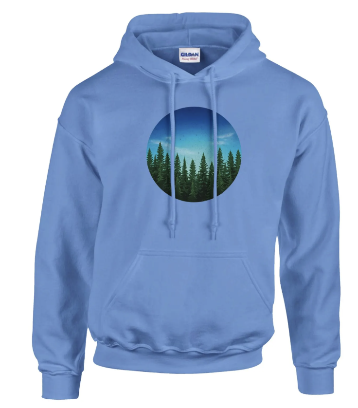 Carolina blue Unisex Forest Hoodie with pine tree sunset graphic