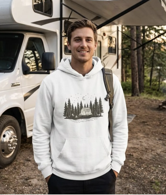 Man in white RV camper line-art hoodie standing by motorhome at golden hour